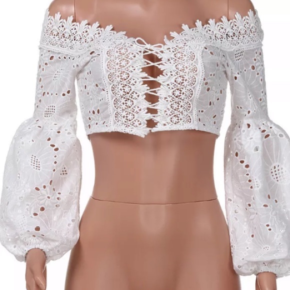 🍀JUST IN🍀White Eyelet Off Shoulder Lace Up Top - Picture 7 of 8
